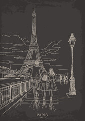 People walking excitedly towards the historic Eiffel tower, vector sketch