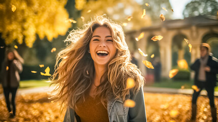 Carefree woman feeling free in beautiful autumn colors. Fall season fashion park with yellow...