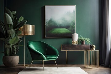 Green armchair and wooden table in the interior of a living room with a frame on the wall. Generative AI