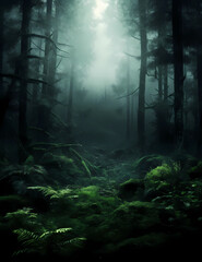Misty forest dark fantasy mystery background
