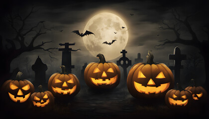 3.	a halloween cemetery and graveyard with a full moon, in the style of dark turquoise and light green, made of mist, captivating, exacting precision, Halloween, Jack O' Lanterns In Graveyard