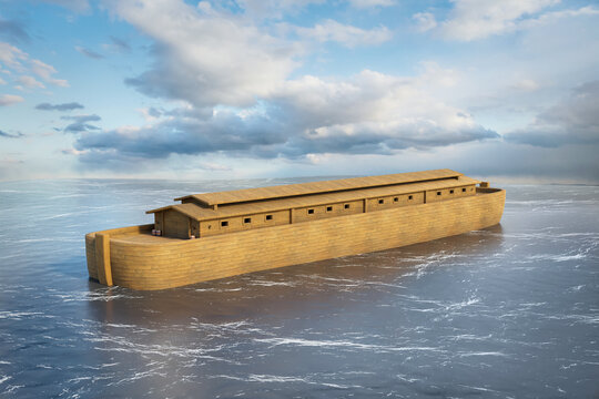 Noah's ark drifts in the waters of the global flood - 3D rendering