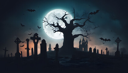3.	a halloween cemetery and graveyard with a full moon, in the style of dark turquoise and light green, made of mist, captivating, exacting precision, Halloween, Jack O' Lanterns In Graveyard