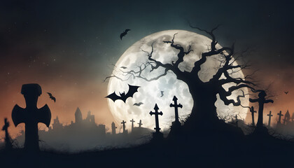 3.	a halloween cemetery and graveyard with a full moon, in the style of dark turquoise and light green, made of mist, captivating, exacting precision, Halloween, Jack O' Lanterns In Graveyard