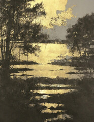 Charcoal drawing with gold leaf accents featuring a calm lake at dusk