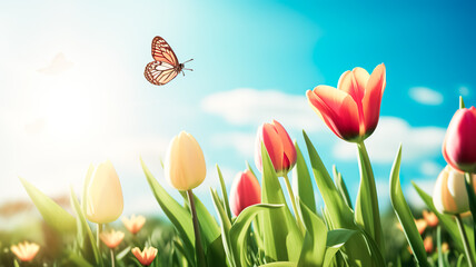 Selective focus.fantasy multicolor tulip flower blooming and butterfly flying in garden with landscape meadow mountain view.nature spring background.generative ai art