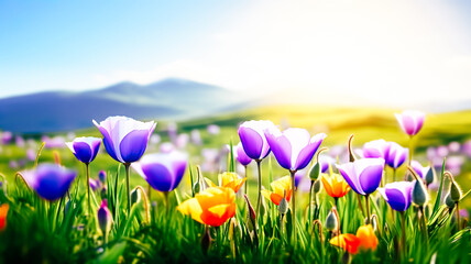 Naklejka na ściany i meble Selcetive focus.closeup of fantasy multicolor tulip flower blooming in garden with landscape meadow mountain view.nature spring background.generative ai art