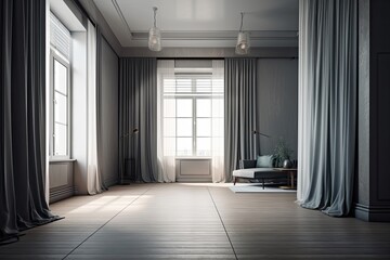 Interior design of a contemporary empty room with gray walls and curtains. Generative AI