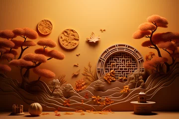 Meubelstickers Mid-Autumn Festival, 3D scrapbook landscape with space for text and design. With Generative AI technology © Мария Фадеева
