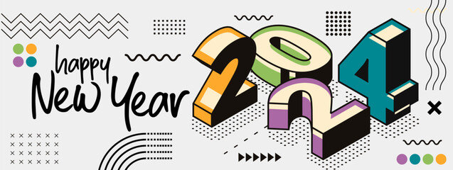 new year 2024 banner design with modern geometric abstract background in retro style. happy new year greeting card cover for 2024 calligraphy typography with colorful shapes. isometric vector. - obrazy, fototapety, plakaty