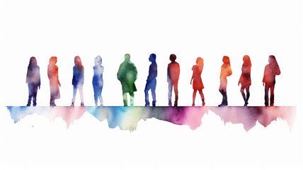 multicolored spectrum silhouettes of people on a white background watercolor.