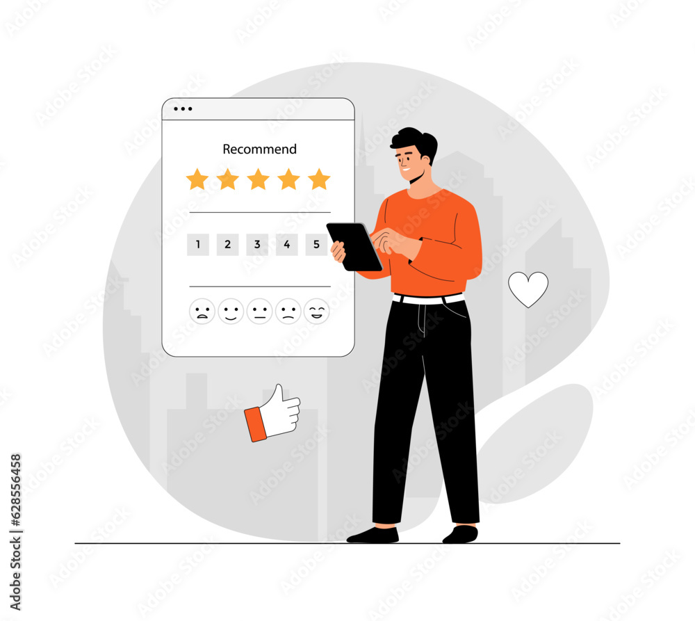 Poster feedback page concept. man giving review and filling webpage form with client experience. illustrati