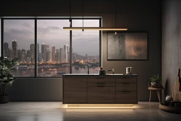 Dark kitchen interior with seating area and a window with a view of the city. Decorated drawer on a gray concrete floor. Poster mockup. Generative AI