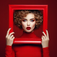 Beautiful woman with red lips and red makeup holding a frame. Fashion model. Generative AI.