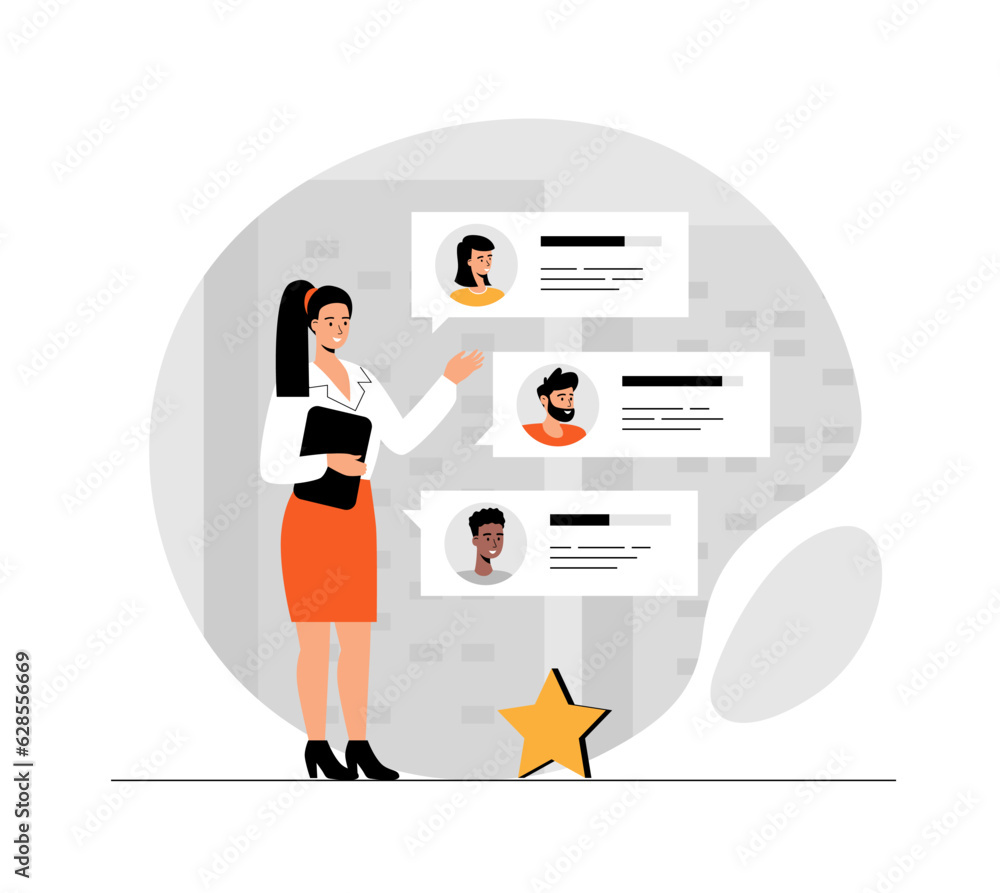 Poster customer reviews, feedback page. woman reading user experience comments and client satisfaction rati