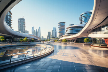 empty pedestrian walkway with city background