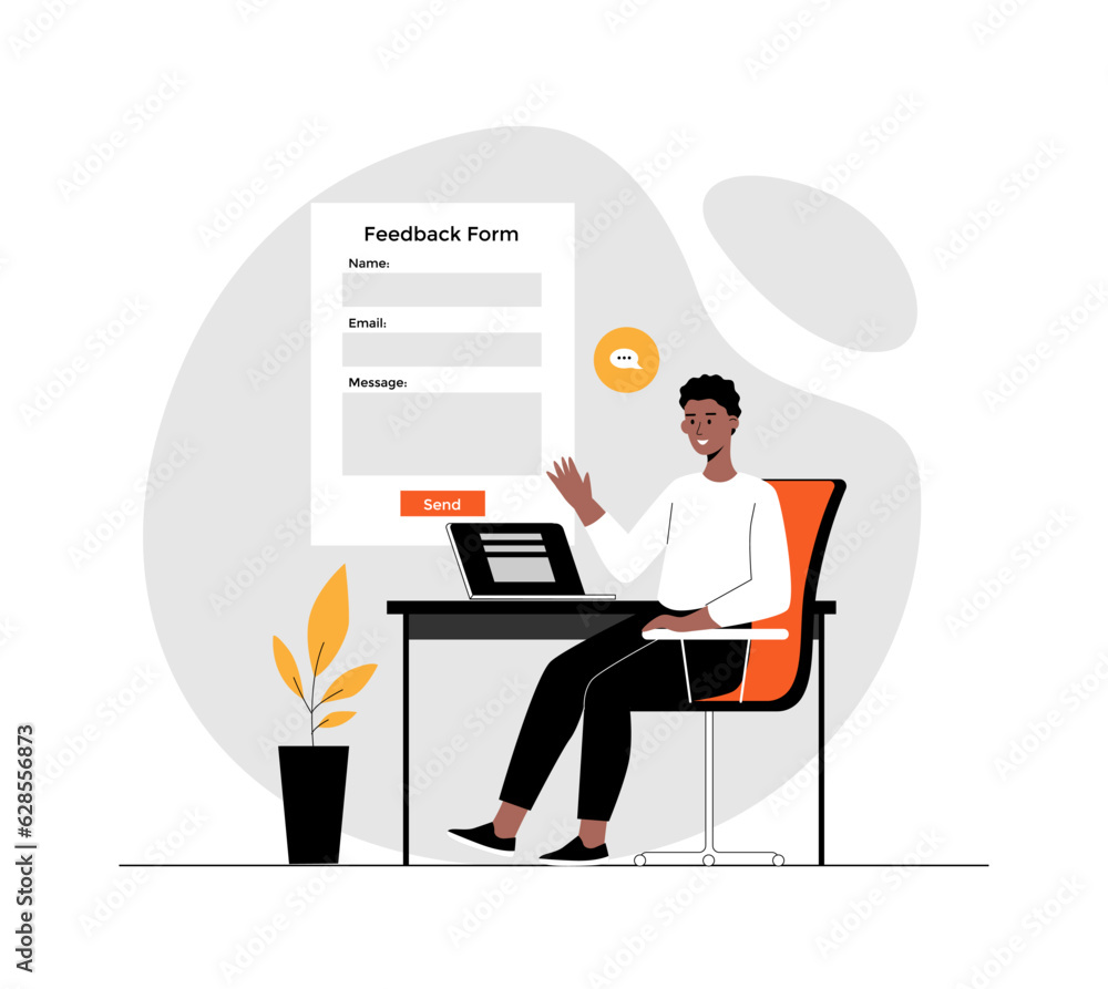 Poster feedback page concept. man giving review and filling webpage form with client experience. illustrati