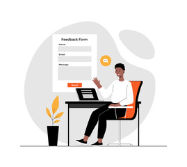 Feedback page concept. Man giving review and filling webpage form with client experience. Illustration with people scene in flat design for website and mobile development.
