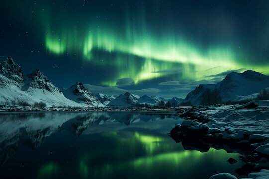 Fantastic view of aurora borealis and stars in the snowy winter sky. Generative AI © cwa