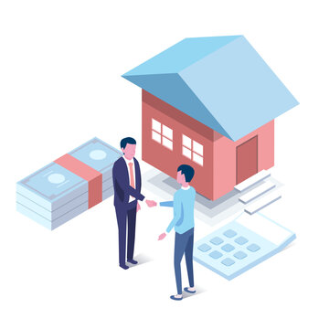 management isometric iillustration of money and people and house