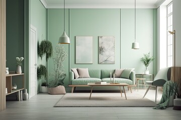 Elegant living area with a pastel green décor, complete with a sofa and potted plants. for backdrops, presentations, or web sites. Generative AI