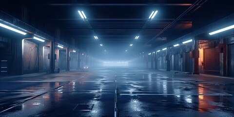 Empty Flooded Industrial Hallway at Night with Eerie Reflections and Dim Lighting, Copy Space, Generative AI