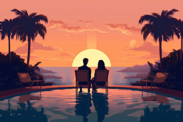 honeymoon romantic travel back couple sunset relax vacation swimming pool. Generative AI.