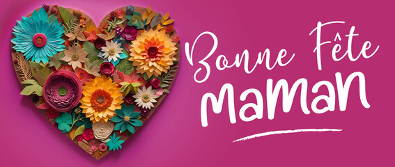Fototapeta na wymiar Banner, bannière, composition de fleurs en forme de cœur pour la fête des mères - IA générative