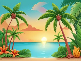 Fototapeta na wymiar Puesta de sol con palmeras en el caribe