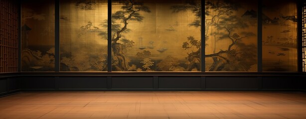 Oriental Mural  Background with Wooden Floor and Copy Space, Generative AI