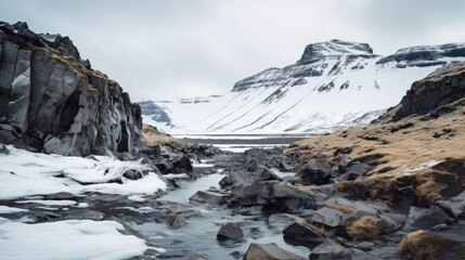 Fototapeta na wymiar lake in winter, snow covered mountains, lake and mountains, lake in the mountains, iceland landscape in winter with a black ice cave ine the background