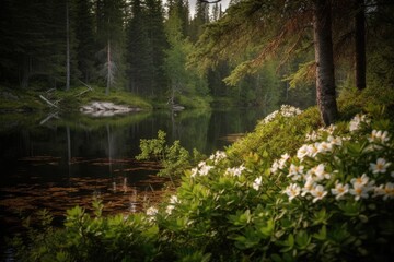 Norwegian Nature's Delight: Enchanting Lake Flowers Blooming in the Forest Serenity