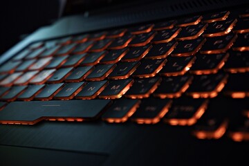 Close up of laptop thai keyboard colorful neon illumination, backlit keyboard.
