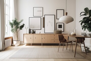 Front view of a light colored living room with a sideboard, tableware, and books, as well as three white, empty posters in a row. minimalist design principle. Room for original thought. a mockup
