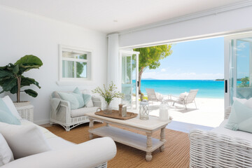 Obraz na płótnie Canvas White modern boho tropical villa interior.