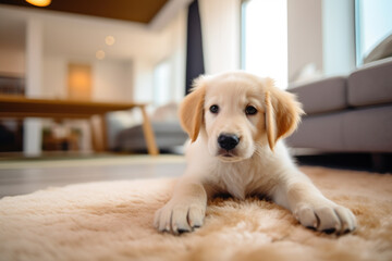 A golden retriever puppy lies on a fluffy carpet in the living room. - obrazy, fototapety, plakaty