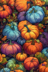Farbenfrohe Wasserfarben Illustration mit bunten Kürbissen in orange, lila und blau, Herbsthintergrund