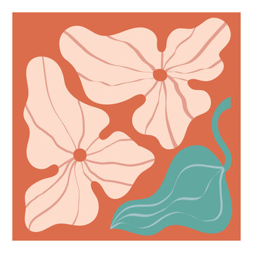 Modern abstract flowers wall art, poster, card. Boho style hibiscus, leaf template, background