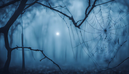 Halloween background Spooky forest, creepy spider web