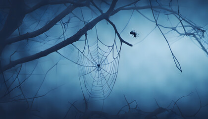 Halloween background Spooky forest, creepy spider web