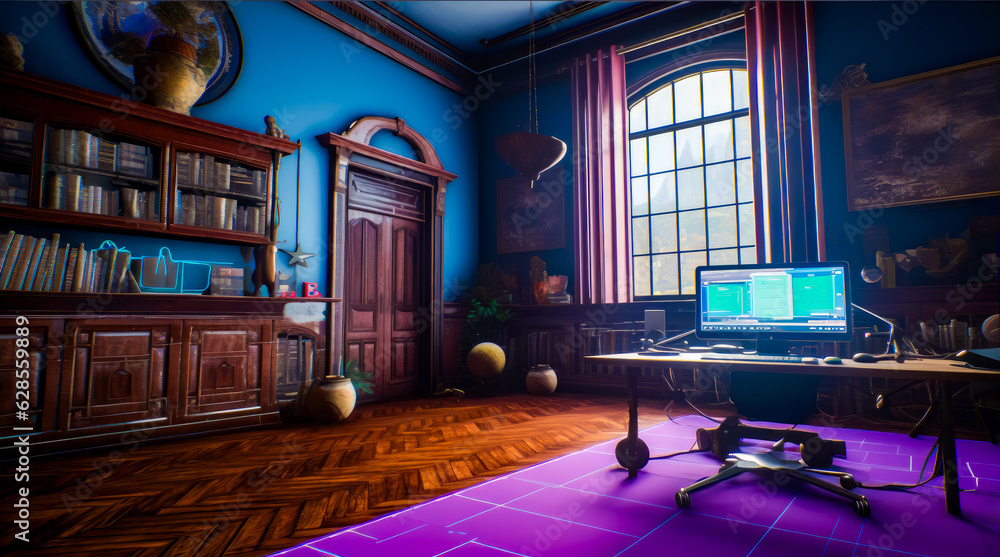 Aufkleber computer sitting on top of desk in front of large window