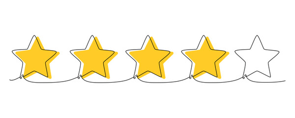 Rating stars one single hand drawing line. Vector stock illustration isolated on white background for design top review feedback web page bar, restaurant, hotel, vote. Editable stroke. 