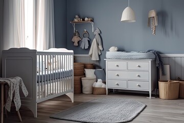 Grey infant room with a white dresser and crib. Generative AI