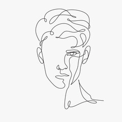 Face line art style minimal man poster illustration. Continuous line portrait, face and hairstyle drawing, fashion concept, minimalism, vector illustration for t-shirt print, poster, postcard, decor.