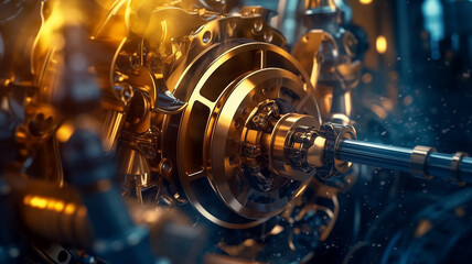 engine crankshaft energy concept macro. the background is golden and indigo.