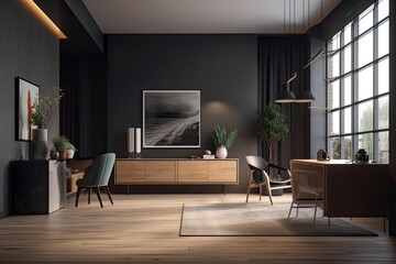 Corner view of a dark living room interior with a sideboard, chairs, a coffee table, a panoramic...
