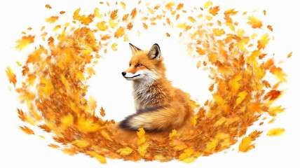 wild fox in a whirlwind of autumn yellow leaves. . on a white background, autumn symbol, logo