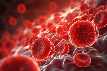 A close-up illustration of erythrocytes, showcasing their unique biconcave disk shape and hemoglobin content Generative AI - obrazy, fototapety, plakaty
