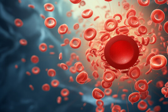 A close-up illustration of erythrocytes, showcasing their unique biconcave disk shape and hemoglobin content Generative AI