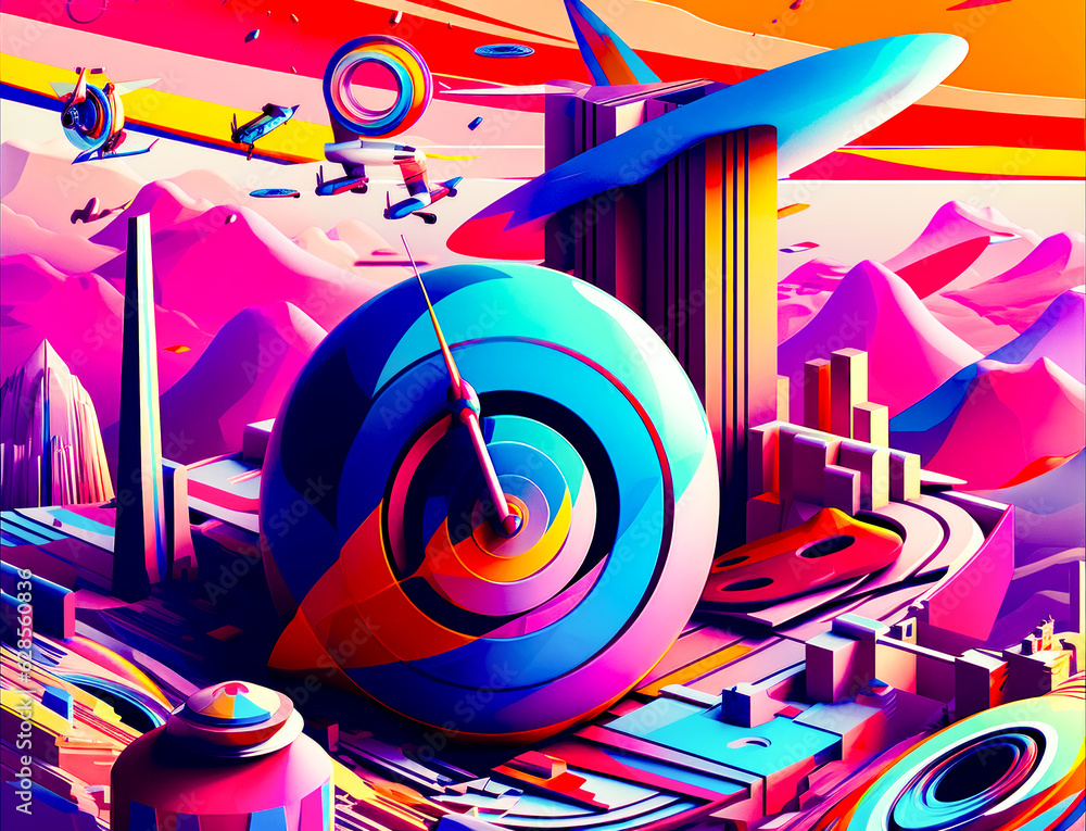 Poster digital painting of futuristic city with large colorful object in the middle of it
